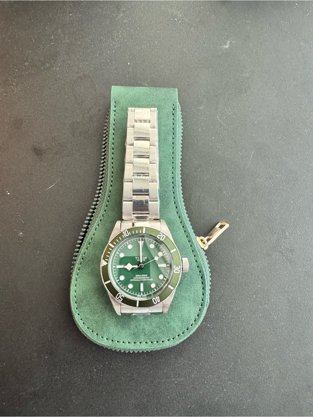 Tudor Green Dial Mod with Suede Zip Pouch